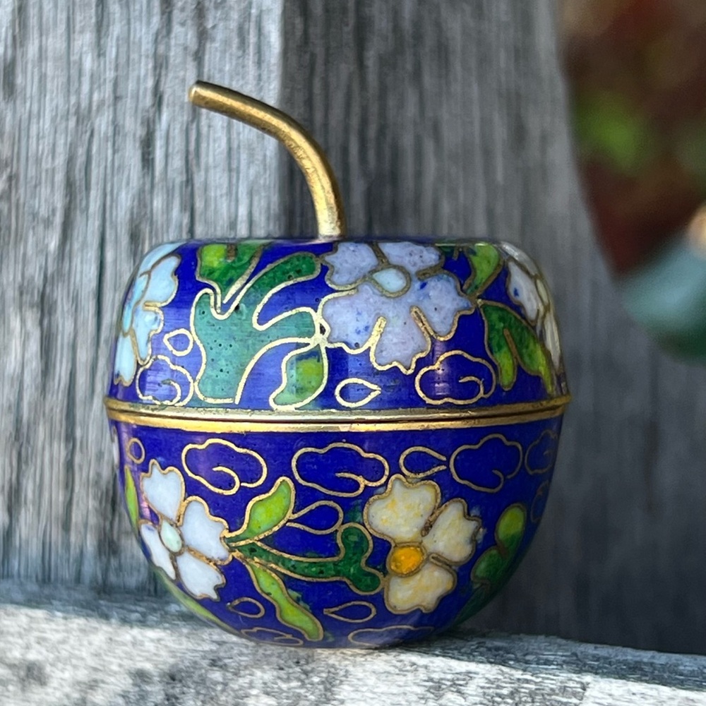 Vintage Cloisonné Blue Apple Trinket Box Floral Enamel Mini 1.5”